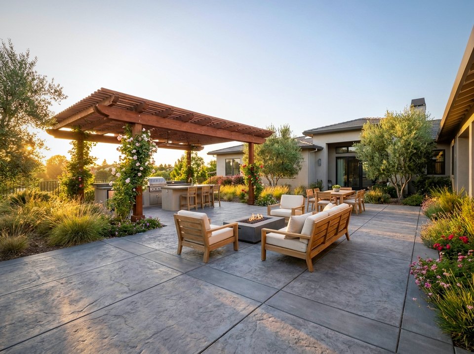 Stamped concrete patio with pergola and outdoor living area at golden hour
